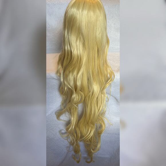 Long Golden Blonde Curly Wig Long Bangs Cosplay Costume - Picture 2 of 7